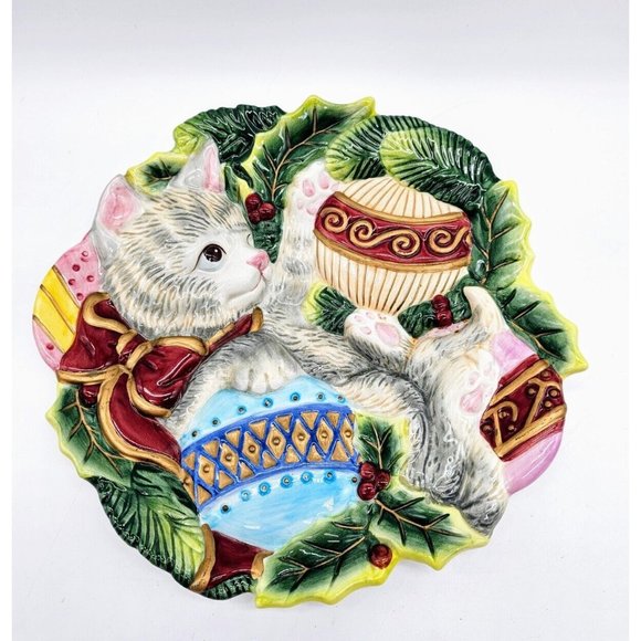 Fitz And Floyd Christmas Cat Kitty With Christmas Tree Ornaments Canape Plate - Picture 1 of 8